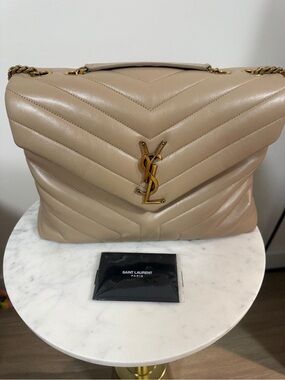 Saint Laurent Quilted Chevron Leather Shoulder Bag in Beige